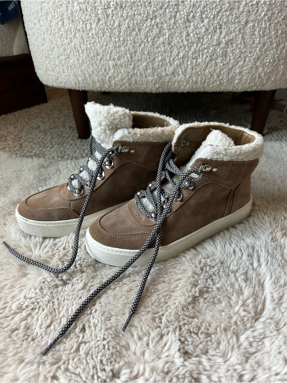 Marc Fisher Tan Suede Faux Shearling High-Top Sneakers